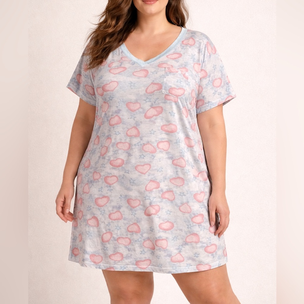 Women’s Plus Sleep T-Shirt Nightdress - Pink Heart Print 1x/2x